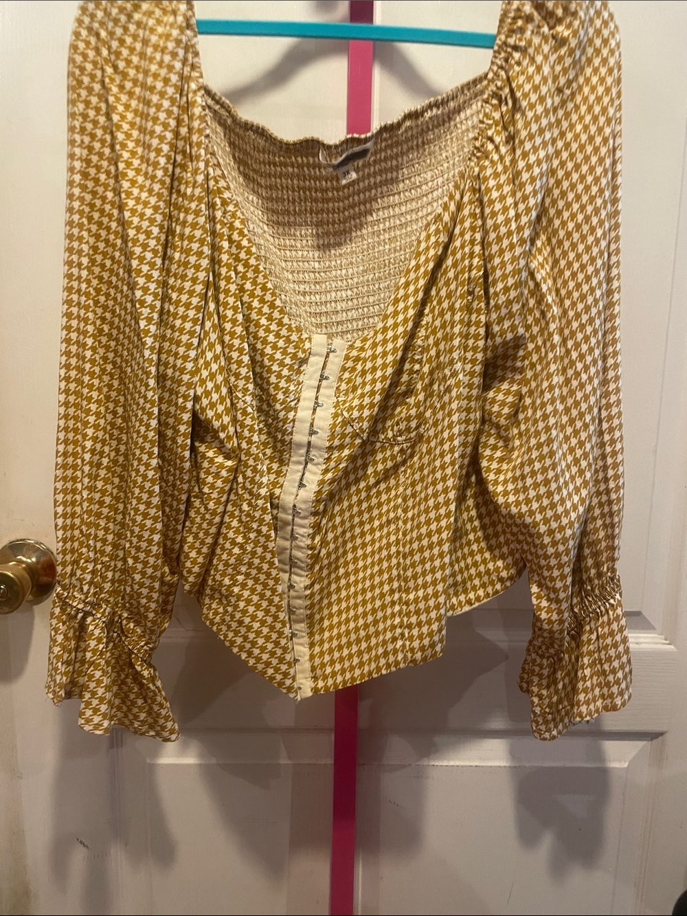 Rewind Mustard Houndstooth Smocked Off-Shoulder Blouse